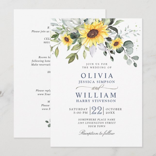 Elegant Sunflowers Eucalyptus Wedding All In One Invitation (Front/Back)