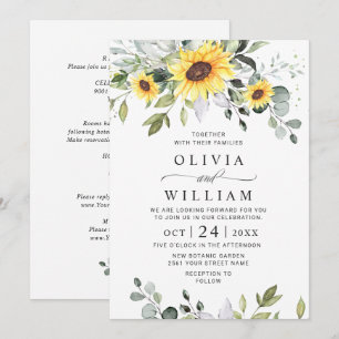 Elegant Sunflowers Eucalyptus Wedding All In One Invitation