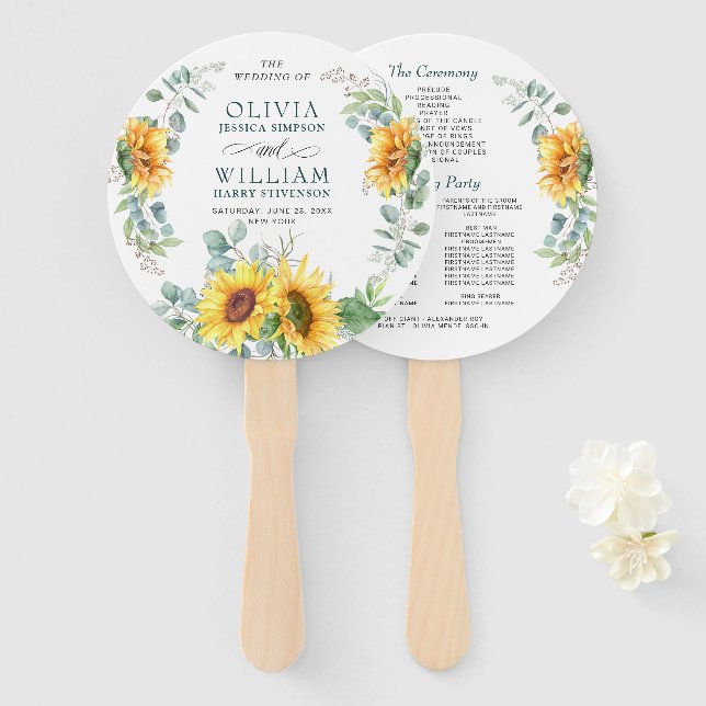 Elegant Sunflowers Eucalyptus Wedding Program Hand Fan (Front and Back)