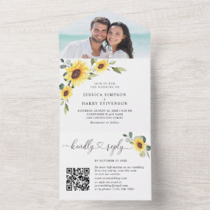 Elegant Sunflowers Eucalyptus Wedding QR code All In One Invitation
