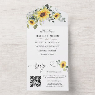 Elegant Sunflowers Eucalyptus Wedding QR code All In One Invitation