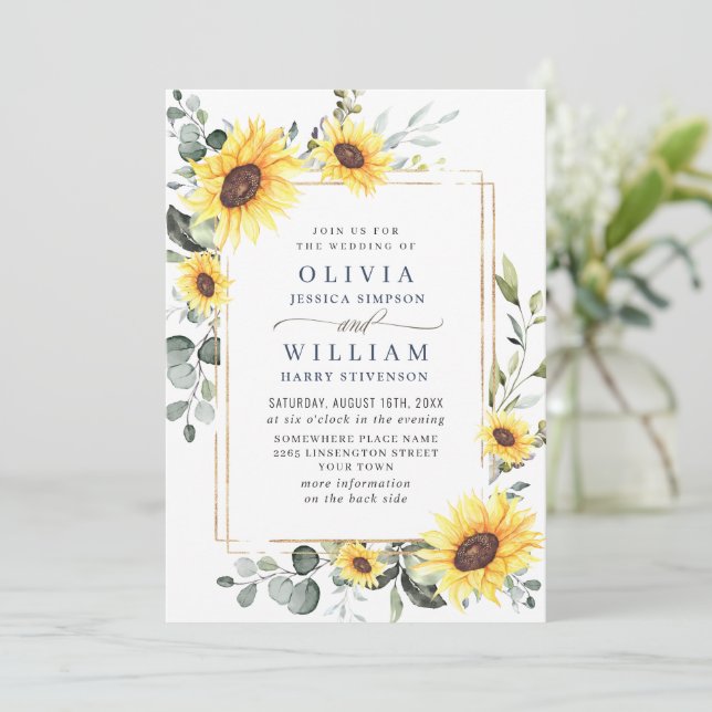Elegant Sunflowers Eucalyptus Wedding QR Code Invitation (Standing Front)