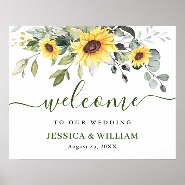 Elegant Sunflowers Eucalyptus Wedding Welcome Sign (Front)