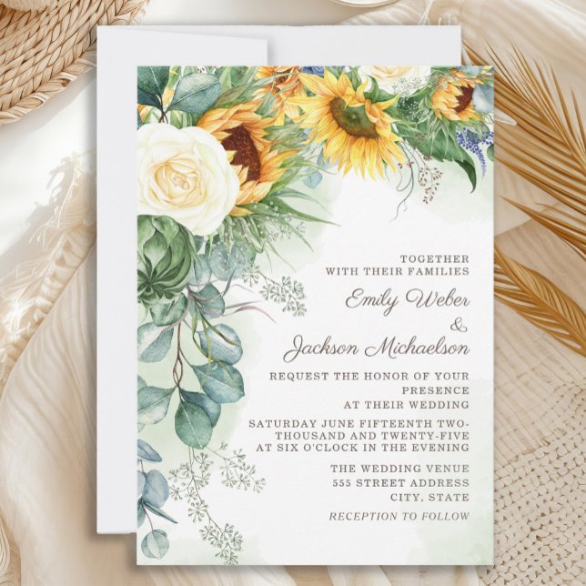 Elegant Sunflowers Eucalyptus White Roses Wedding Invitation (Elegant country-style sunflowers and eucalyptus wedding invitation)