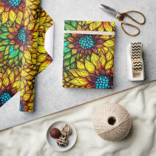 Elegant Sunflowers Faux Stained Glass Pattern Wrapping Paper
