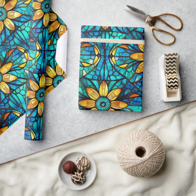 Elegant Sunflowers Faux Stained Glass Pattern Wrapping Paper (Crafts)