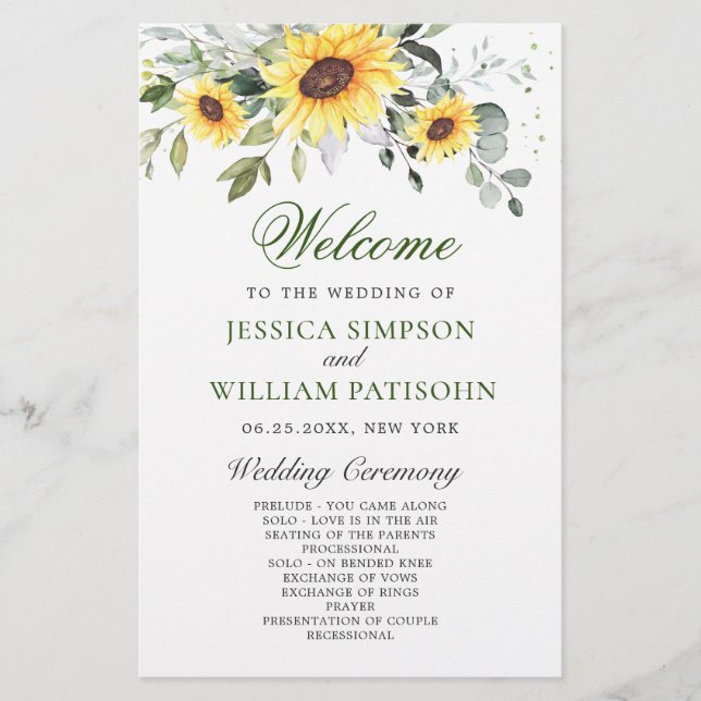 Elegant Sunflowers Floral Wedding Ceremony Program (Front)