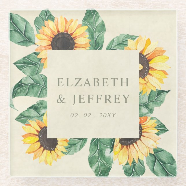 Elegant Sunflowers Garden Floral Wedding Glass Coaster (Front)