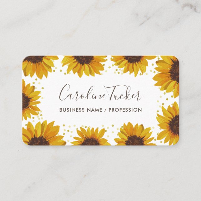 Elegant Sunflowers Gold Dots Modern Boutique Business Card (Front)