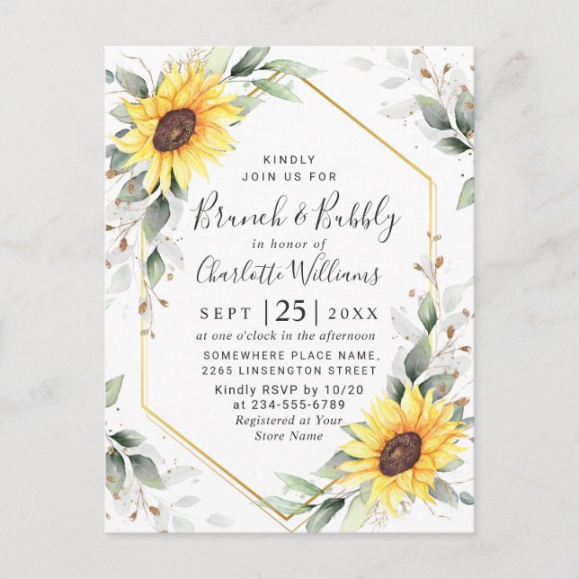 Elegant Sunflowers Golden Greenery Brunch & Bubbly Postcard (Front)