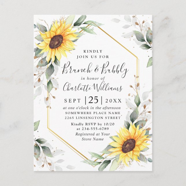 Elegant Sunflowers Golden Greenery Brunch & Bubbly Postcard (Front)