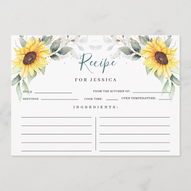 Elegant Sunflowers Greenery Floral Recipe Card (Front)