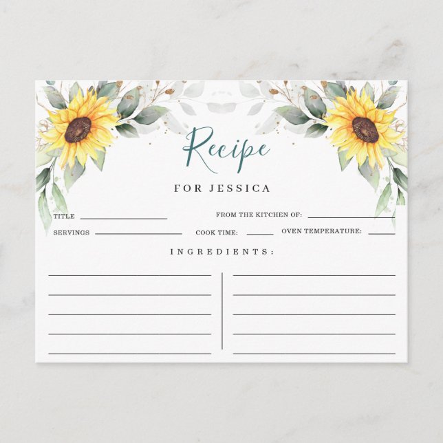 Elegant Sunflowers Greenery Floral Recipe Card (Front)