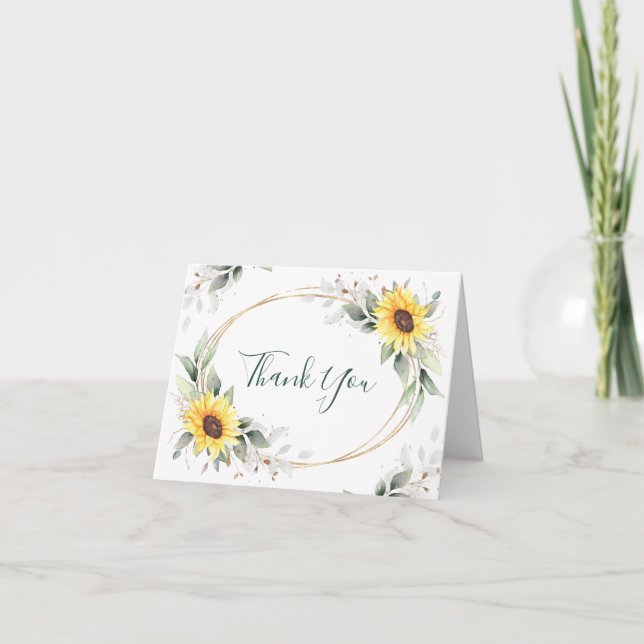 Elegant Sunflowers Greenery Floral Thank You Card (Front)