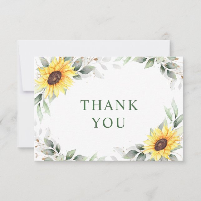 Elegant Sunflowers Greenery Floral Thank You Card (Front)
