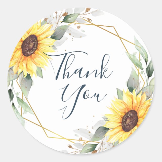 Elegant Sunflowers Greenery Floral THANK YOU Classic Round Sticker (Front)