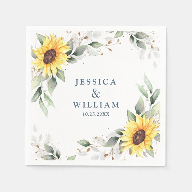 Elegant Sunflowers Greenery Floral Wedding Paper Napkin (Front)