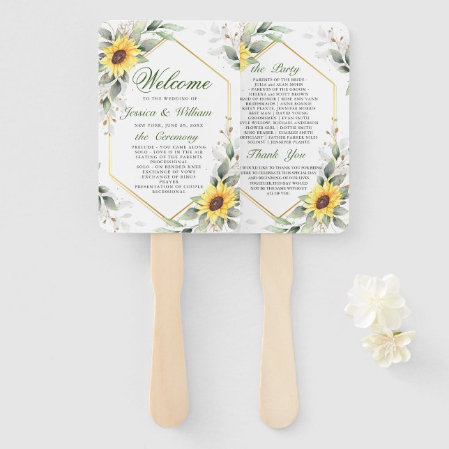 Elegant Sunflowers Greenery Floral Wedding Program Hand Fan (Front and Back)