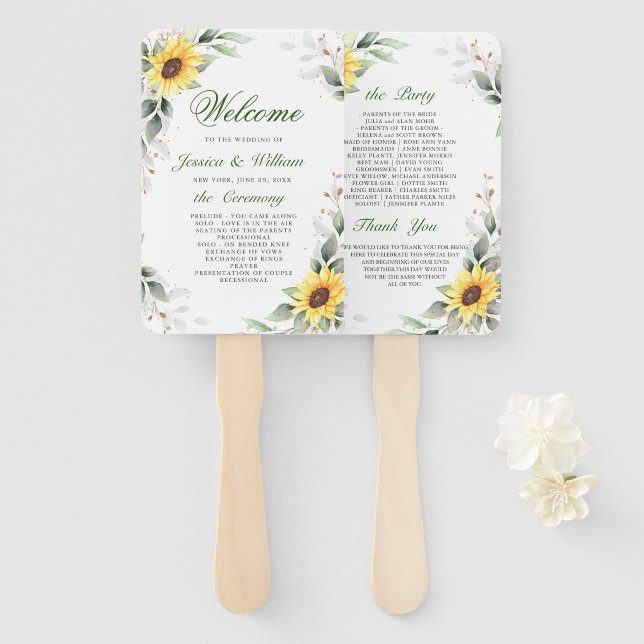 Elegant Sunflowers Greenery Floral Wedding Program Hand Fan (Front and Back)
