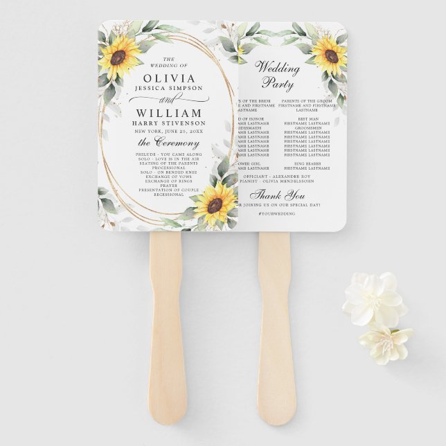 Elegant Sunflowers Greenery Floral Wedding Program Hand Fan (Front and Back)