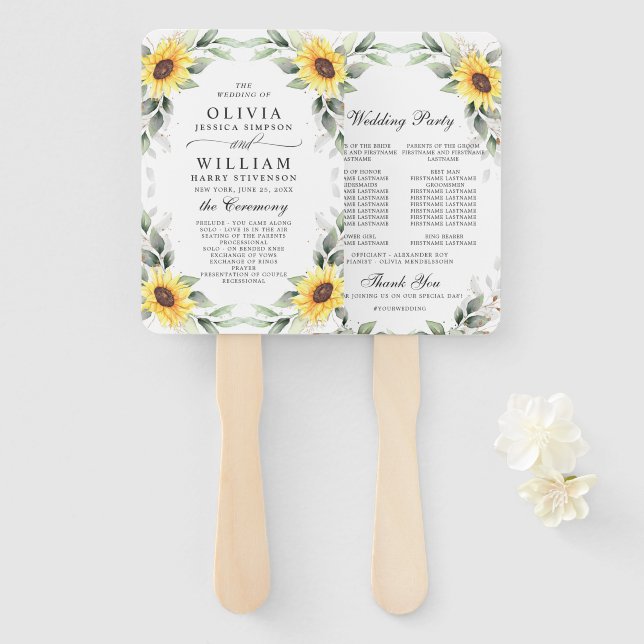 Elegant Sunflowers Greenery Floral Wedding Program Hand Fan (Front and Back)