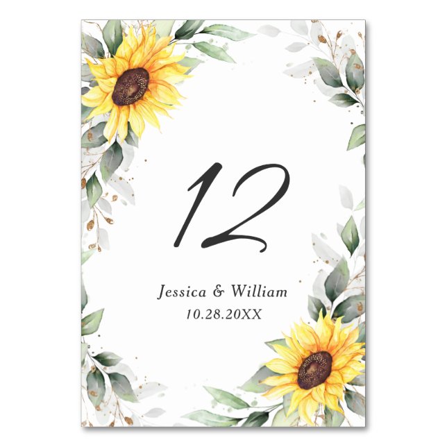 Elegant Sunflowers Greenery Floral Wedding Table Number (Front)