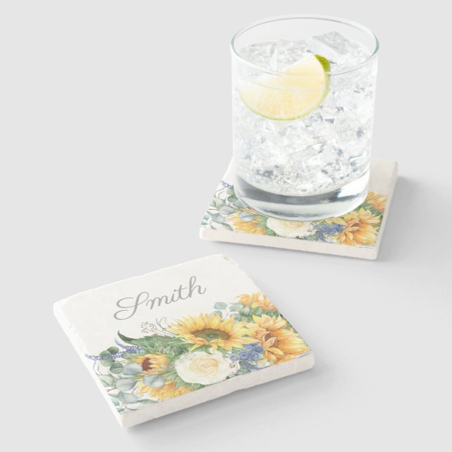 Elegant Sunflowers Greenery Script Name  Stone Coaster (Side)