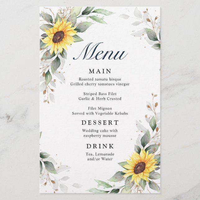 Elegant Sunflowers Greenery Wedding Dinner Menu (Front)