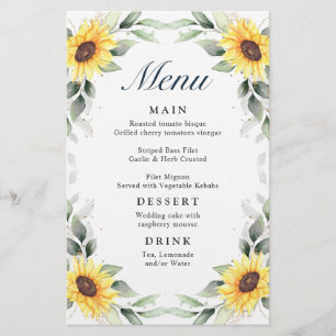 Elegant Sunflowers Greenery Wedding Dinner Menu