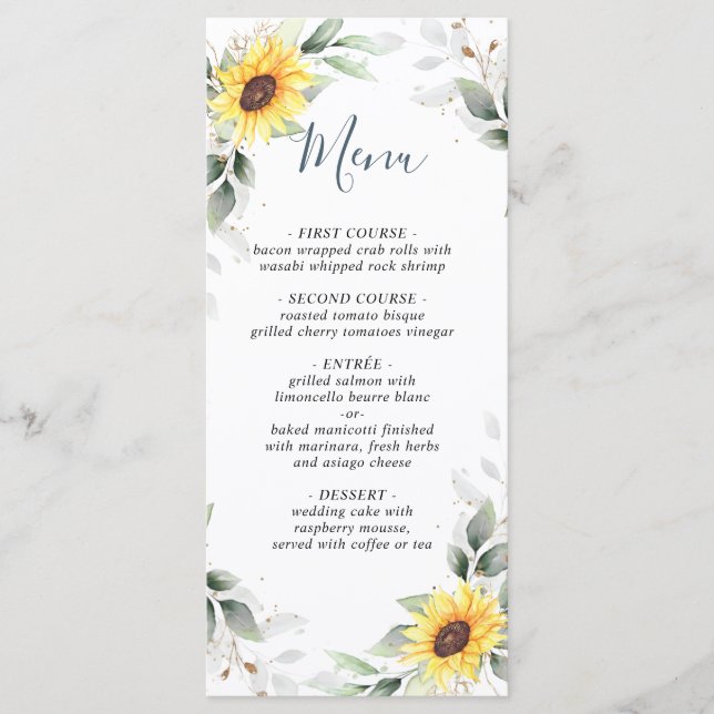 Elegant Sunflowers Greenery Wedding Menu Card (Front)