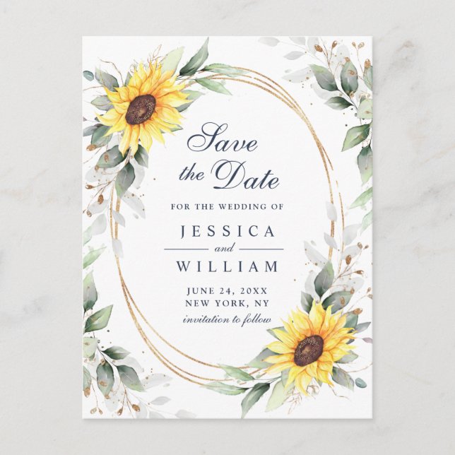 Elegant Sunflowers Greenery Wedding Save the Date Postcard (Front)