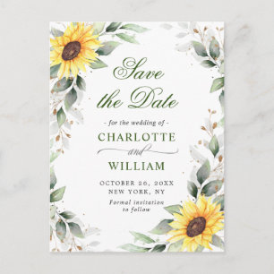 Elegant Sunflowers Greenery Wedding Save the Date Postcard