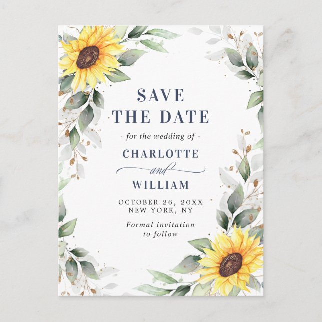 Elegant Sunflowers Greenery Wedding Save the Date Postcard (Front)