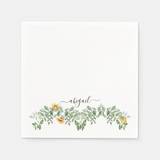 Elegant Sunflowers in Foliage Custom Script Name Napkin (Front)
