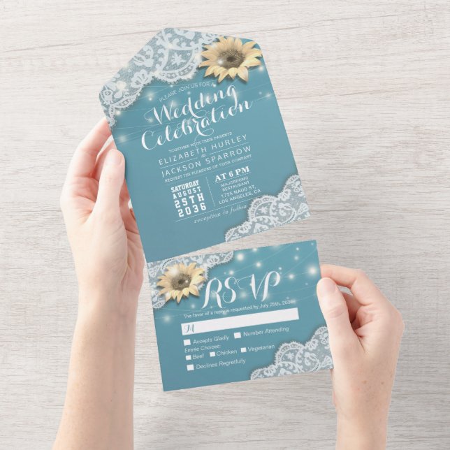 Elegant Sunflowers Lace String Lights Wedding RSVP All In One Invitation (Tearaway)