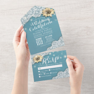 Elegant Sunflowers Lace String Lights Wedding RSVP All In One Invitation