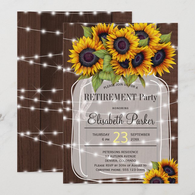 Elegant sunflowers mason jar wood retirement party invitation (Front/Back)