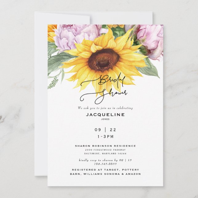 Elegant Sunflowers & Peonies White Bridal Shower Invitation (Front)