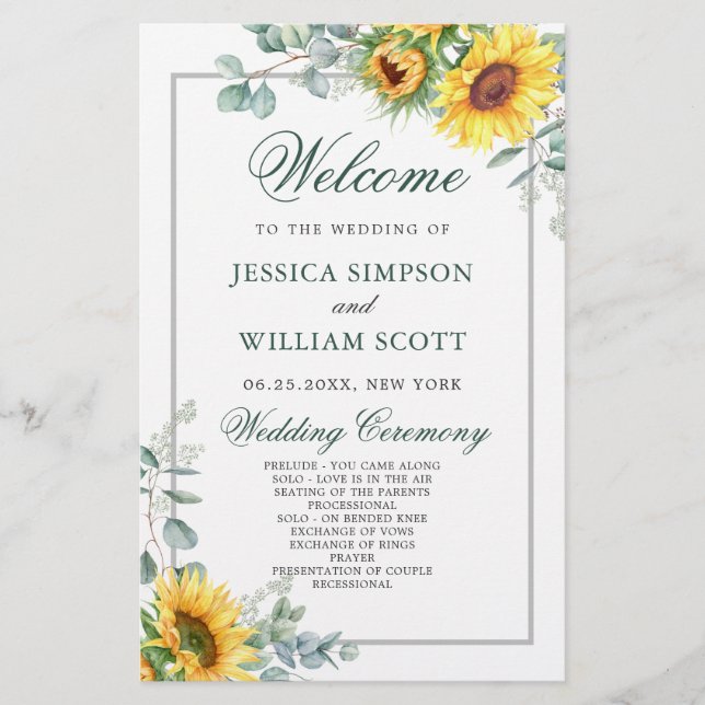 Elegant Sunflowers Rustic Wedding Ceremony Program (Front)