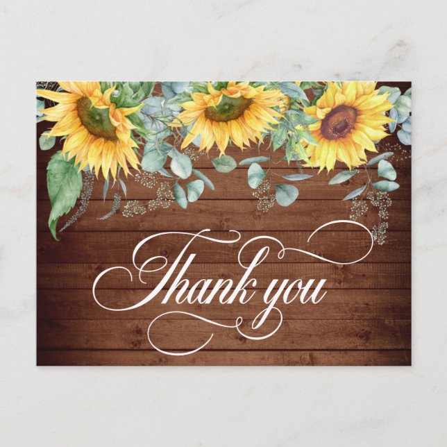 Elegant Sunflowers Rustic Wood Wedding Thank You Postcard (Front)