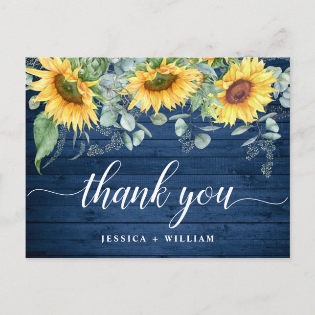 Elegant Sunflowers Rustic Wood Wedding Thank You Postcard (Front)