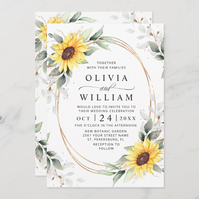 Elegant Sunflowers Watercolor Greenery Wedding Invitation (Front/Back)