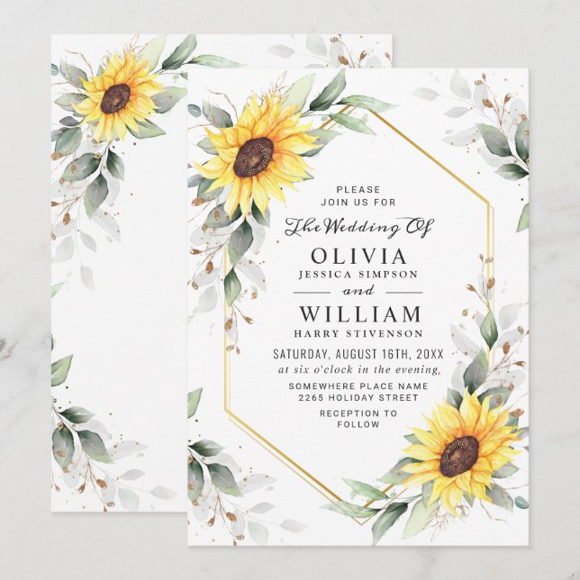 Elegant Sunflowers Watercolor Greenery Wedding  Invitation (Front/Back)
