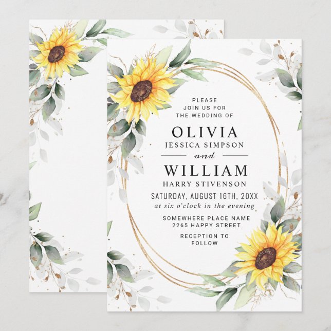 Elegant Sunflowers Watercolor Greenery Wedding Invitation (Front/Back)