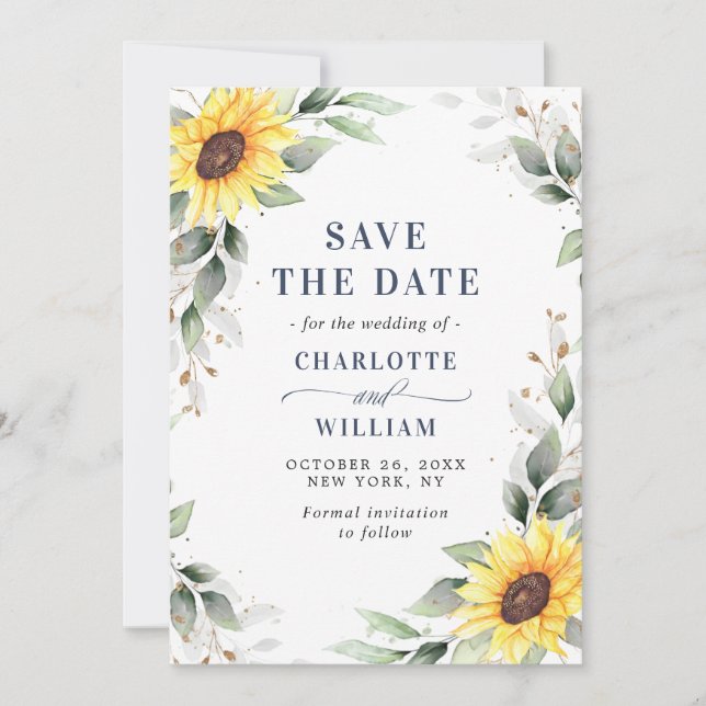Elegant Sunflowers Watercolor Greenery Wedding Save The Date (Front)