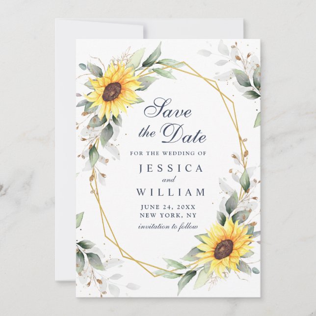 Elegant Sunflowers Watercolor Greenery Wedding Save The Date (Front)