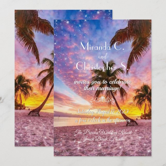 Elegant Sunset Beach and Stars Summer Wedding Invitation (Front/Back)