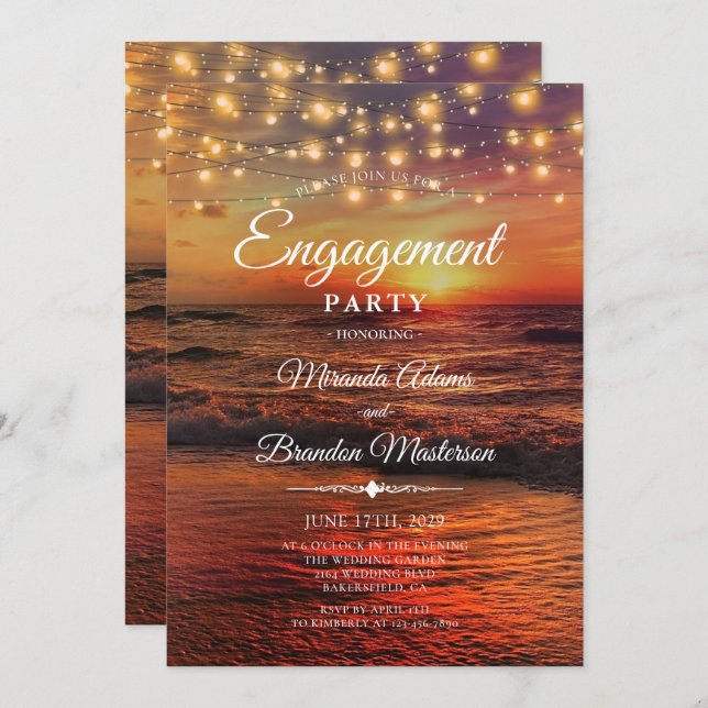 Elegant Sunset Beach Light Summer Engagement Party Invitation (Front/Back)