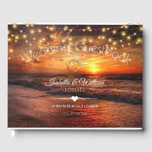 Elegant Sunset Beach String Lights Summer Wedding Guest Book