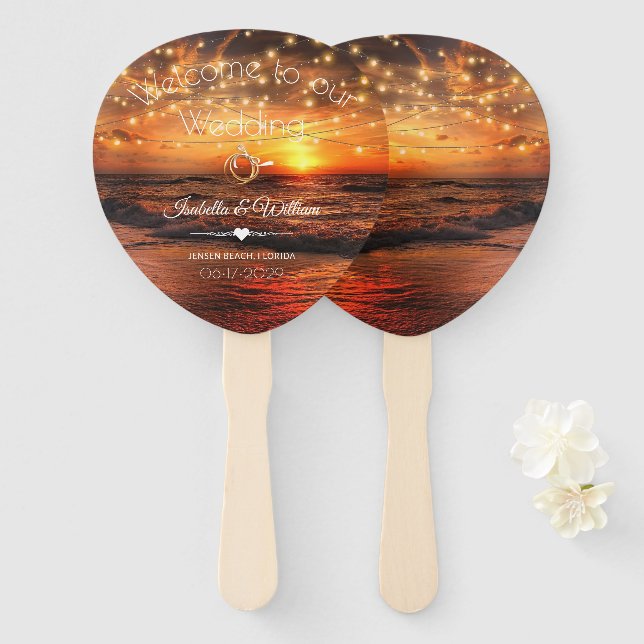 Elegant Sunset Beach String Lights Summer Wedding Hand Fan (Front and Back)